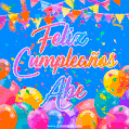 A vibrant animated GIF with 'Feliz Cumpleaños Abe' written in colorful script, surrounded by balloons, confetti, and bunting on a bright blue background.