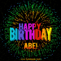 A colorful animated GIF featuring the text 'Happy Birthday Abe!' in rainbow colors with a dynamic iridescent firework display in the background.