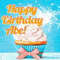 A cheerful animated GIF of a cupcake with creamy frosting, a red checkered ribbon, and a bright sparkler on top. The text 'Happy Birthday Abe!' is displayed in vibrant orange and red.