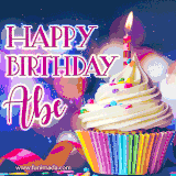 A festive animated GIF featuring a colorful cupcake with a single lit candle, sprinkles, and 'Happy Birthday Abe' text against a sparkling, celebratory background.