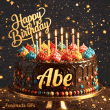 Custom birthday ecard for Abe showing a gourmet chocolate cake on a dark background with golden star sparkles.