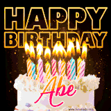 A vibrant animated GIF featuring a delicious birthday cake topped with glowing candles and the name 'Abe' in elegant script, and the words 'Happy Birthday' on the black background.