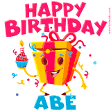 A funny animated birthday GIF with the words 'Happy Birthday Abea', colorful gift box with arms and legs, holding a cupcake with a lit candle  with confetti everywhere.