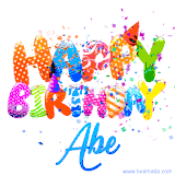 Animated GIF with colorful, festive 'Happy Birthday Abe' text decorated with patterns, a party hat, and falling confetti. A vibrant and cheerful design for birthday celebrations.