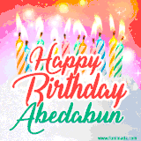 Bright birthday candles with rainbow flames on a cake, alongside the text 'Happy Birthday Abedabun' in vibrant script in this celebratory animated GIF.