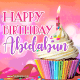 A vibrant birthday GIF featuring a rainbow-colored cupcake topped with white frosting, sprinkles, and a lit candle. The text reads 'Happy Birthday Abedabun' in bold pink and violet letters with white outline.