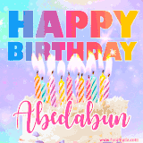 A vibrant animated name GIF with the words 'Happy Birthday Abedabun' with colorful candles on a creamy cake. The background sparkles with pastel shades, adding a festive touch.