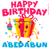 A vibrant and funny gift box character with a happy face dancing with a cupcake and the text 'Happy Birthday Abedabun,' surrounded by animated confetti and party vibes.