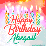 Bright birthday candles with rainbow flames on a cake, alongside the text 'Happy Birthday Abegail' in vibrant script in this celebratory animated GIF.