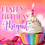 A vibrant birthday GIF featuring a rainbow-colored cupcake topped with white frosting, sprinkles, and a lit candle. The text reads 'Happy Birthday Abegail' in bold pink and violet letters with white outline.