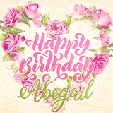 A stunning heart made of pink roses surrounds the elegant script text 'Happy Birthday Abegail' on a soft beige background. Animated sparkles add a magical and festive feel.