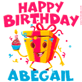 A vibrant and funny gift box character with a happy face dancing with a cupcake and the text 'Happy Birthday Abegail,' surrounded by animated confetti and party vibes.