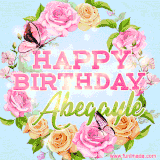 A charming animated GIF featuring 'Happy Birthday Abegayle' in pink and green text, surrounded by delicate roses, leaves, and fluttering butterflies on a soft light blue pastel background.