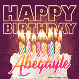 A colorful birthday cake topped with lit candles, with the words 'Happy Birthday Abegayle' in bold glowing letters on a burgundy background. Animated flames add a festive touch.
