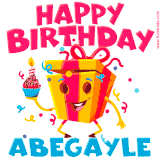 A vibrant and funny gift box character with a happy face dancing with a cupcake and the text 'Happy Birthday Abegayle,' surrounded by animated confetti and party vibes.