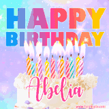 A vibrant animated name GIF with the words 'Happy Birthday Abelia' with colorful candles on a creamy cake. The background sparkles with pastel shades, adding a festive touch.