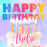 A vibrant animated name GIF with the words 'Happy Birthday Abelie' with colorful candles on a creamy cake. The background sparkles with pastel shades, adding a festive touch.