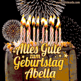 A chocolate birthday cake with glowing candles, the German text 'Alles Gute zum Geburtstag Abella,' and vibrant fireworks lighting up the background in an animated GIF.