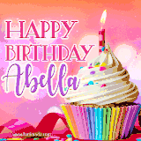 A vibrant birthday GIF featuring a rainbow-colored cupcake topped with white frosting, sprinkles, and a lit candle. The text reads 'Happy Birthday Abella' in bold pink and violet letters with white outline.