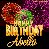 A golden 'Happy Birthday Abella' message with vibrant fireworks in the background, creating a festive and celebratory vibe in this animated name GIF.