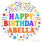 Happy Birthday Abella' GIF with rainbow-colored letters, colorful stars, and fireworks on white background.