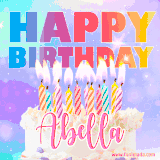 A vibrant animated name GIF with the words 'Happy Birthday Abella' with colorful candles on a creamy cake. The background sparkles with pastel shades, adding a festive touch.