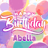 A vibrant name GIF featuring colorful balloons in shades of pink, orange, and yellow with the bold text 'Happy Birthday Abella' in festive fonts, creating a lively birthday vibe.