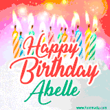 Bright birthday candles with rainbow flames on a cake, alongside the text 'Happy Birthday Abelle' in vibrant script in this celebratory animated GIF.