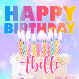 A vibrant animated name GIF with the words 'Happy Birthday Abelle' with colorful candles on a creamy cake. The background sparkles with pastel shades, adding a festive touch.