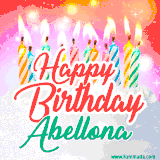 Bright birthday candles with rainbow flames on a cake, alongside the text 'Happy Birthday Abellona' in vibrant script in this celebratory animated GIF.