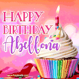 A vibrant birthday GIF featuring a rainbow-colored cupcake topped with white frosting, sprinkles, and a lit candle. The text reads 'Happy Birthday Abellona' in bold pink and violet letters with white outline.