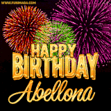 A golden 'Happy Birthday Abellona' message with vibrant fireworks in the background, creating a festive and celebratory vibe in this animated name GIF.