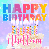 A vibrant animated name GIF with the words 'Happy Birthday Abellona' with colorful candles on a creamy cake. The background sparkles with pastel shades, adding a festive touch.