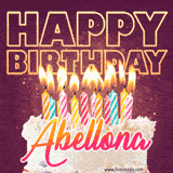 A colorful birthday cake topped with lit candles, with the words 'Happy Birthday Abellona' in bold glowing letters on a burgundy background. Animated flames add a festive touch.