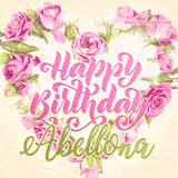 A stunning heart made of pink roses surrounds the elegant script text 'Happy Birthday Abellona' on a soft beige background. Animated sparkles add a magical and festive feel.
