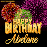 A golden 'Happy Birthday Abelone' message with vibrant fireworks in the background, creating a festive and celebratory vibe in this animated name GIF.