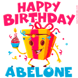 A vibrant and funny gift box character with a happy face dancing with a cupcake and the text 'Happy Birthday Abelone,' surrounded by animated confetti and party vibes.