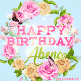A charming animated GIF featuring 'Happy Birthday Abena' in pink and green text, surrounded by delicate roses, leaves, and fluttering butterflies on a soft light blue pastel background.