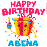 A vibrant and funny gift box character with a happy face dancing with a cupcake and the text 'Happy Birthday Abena,' surrounded by animated confetti and party vibes.