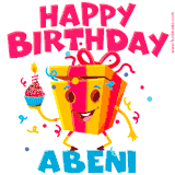 A vibrant and funny gift box character with a happy face dancing with a cupcake and the text 'Happy Birthday Abeni,' surrounded by animated confetti and party vibes.