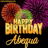 A golden 'Happy Birthday Abequa' message with vibrant fireworks in the background, creating a festive and celebratory vibe in this animated name GIF.
