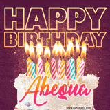 A colorful birthday cake topped with lit candles, with the words 'Happy Birthday Abequa' in bold glowing letters on a burgundy background. Animated flames add a festive touch.