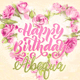 A stunning heart made of pink roses surrounds the elegant script text 'Happy Birthday Abequa' on a soft beige background. Animated sparkles add a magical and festive feel.