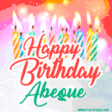 Bright birthday candles with rainbow flames on a cake, alongside the text 'Happy Birthday Abeque' in vibrant script in this celebratory animated GIF.