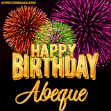 A golden 'Happy Birthday Abeque' message with vibrant fireworks in the background, creating a festive and celebratory vibe in this animated name GIF.