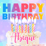 A vibrant animated name GIF with the words 'Happy Birthday Abeque' with colorful candles on a creamy cake. The background sparkles with pastel shades, adding a festive touch.