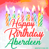 Bright birthday candles with rainbow flames on a cake, alongside the text 'Happy Birthday Aberdeen' in vibrant script in this celebratory animated GIF.