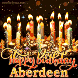 A glowing personalized birthday GIF with name Aberdeen featuring lit candles with intricate designs, warm lighting, and the text 'Happy Birthday' in an elegant font.