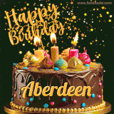 A delightful chocolate birthday cake with bright candles and 'Happy Birthday Aberdeen' written in gold amidst a shower of animated stars.