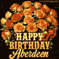 Animated bouquet of orange roses with moving butterfles and golden 'Happy Birthday Aberdeen' text, surrounded by sparkling accents and a dark backdrop for a luxurious feel.